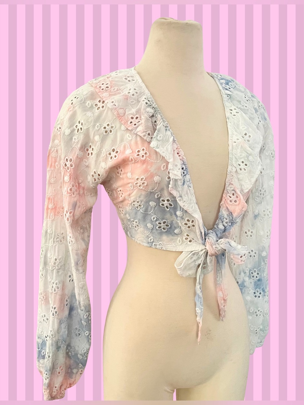 Surf Gypsy watercolor pastel tie front crop top eyelet embroidered